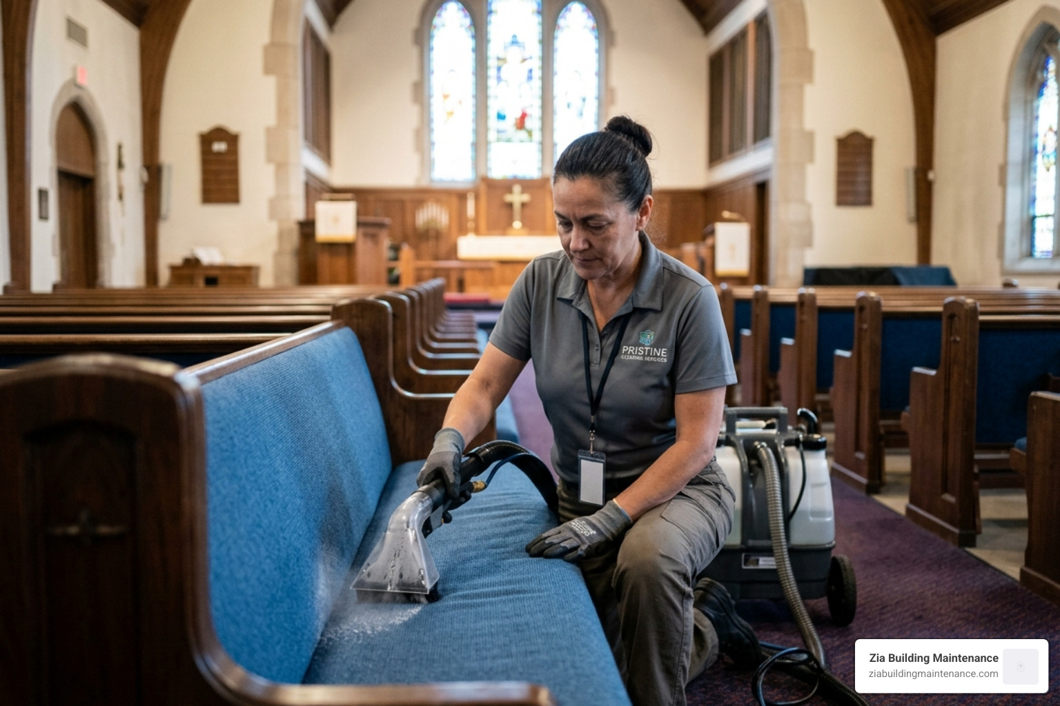 Technician using a specialized vacuum attachment on blue church pew fabric - church pew upholstery cleaning Technician using a specialized vacuum attachment on blue church pew fabric - church pew upholstery cleaning