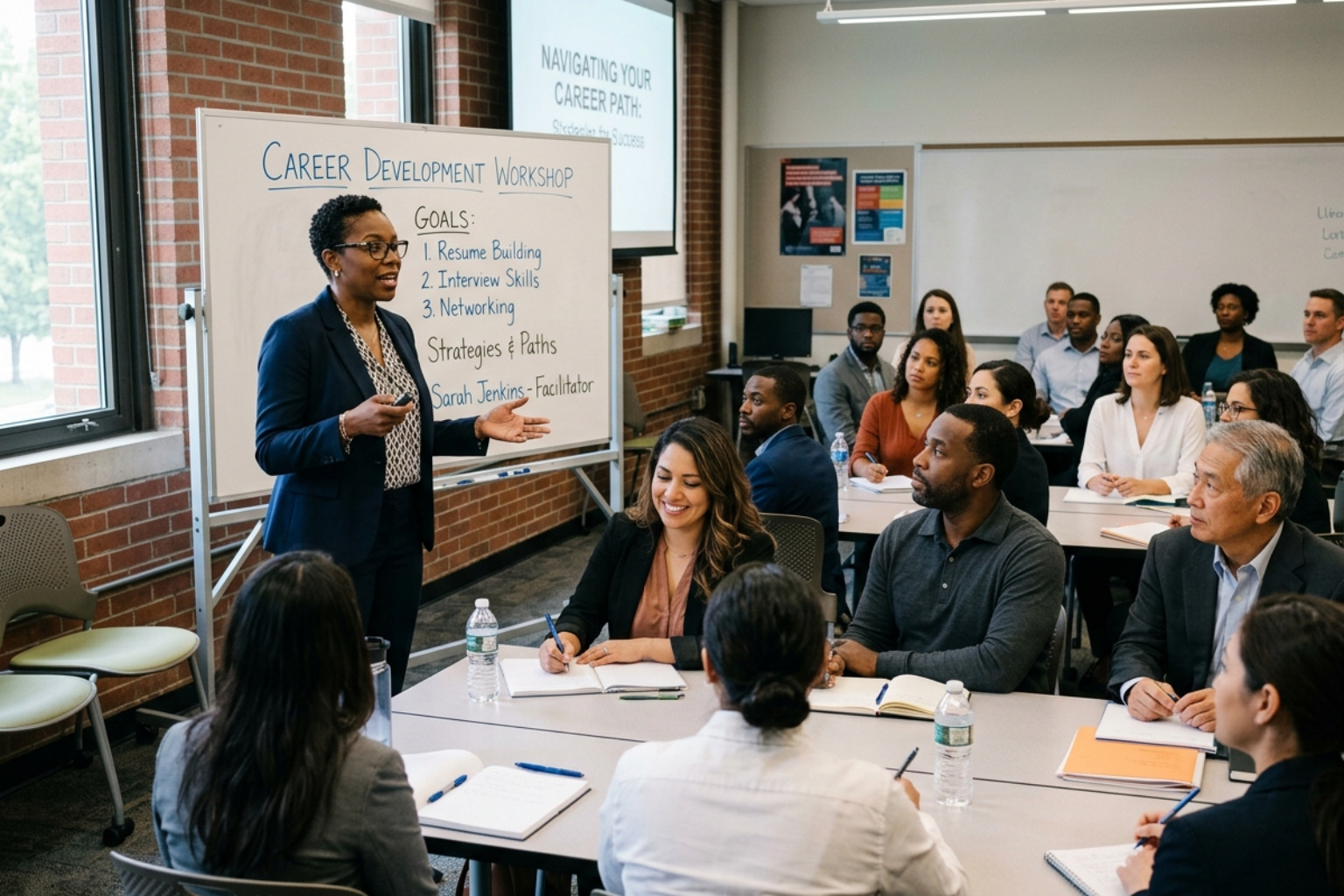 A specialist leading a workshop presentation for a diverse group of adults in a classroom setting - career development A specialist leading a workshop presentation for a diverse group of adults in a classroom setting - career development