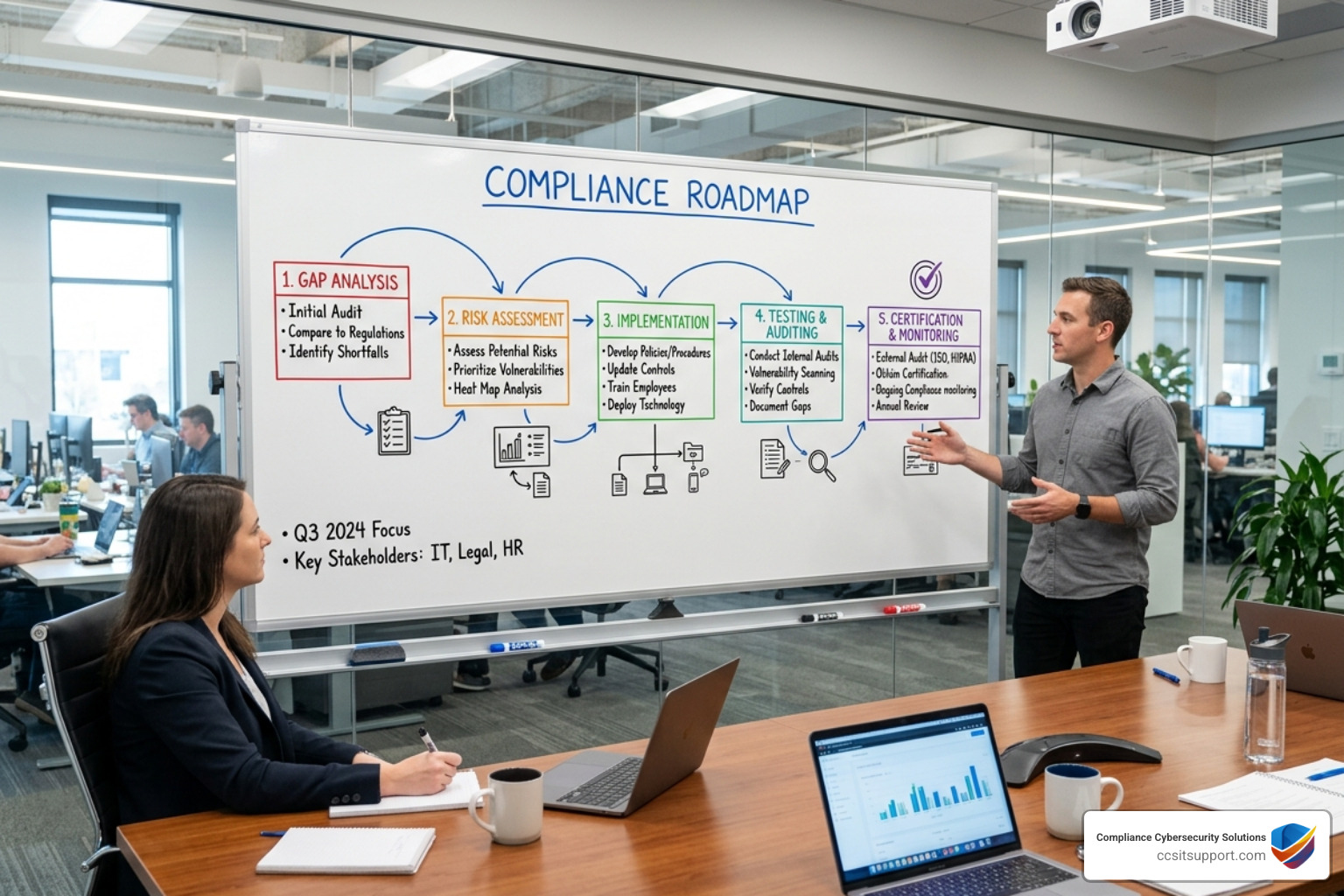 A comprehensive compliance roadmap showing the stages from gap analysis to certification - it compliance consulting