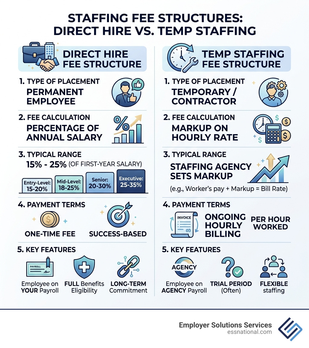 Direct hire vs temp staffing fee structure comparison infographic - how much do staffing agencies charge for direct hire