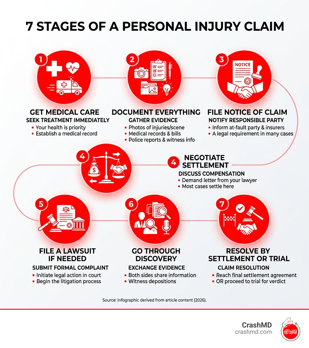 7 stages of a personal injury claim from medical care to resolution - Personal injury claim infographic 7 stages of a personal injury claim from medical care to resolution - Personal injury claim infographic