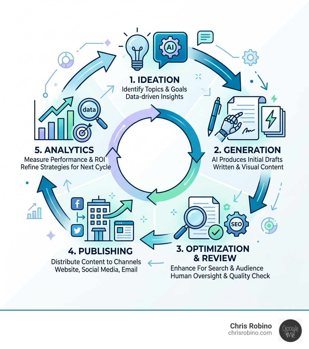 Automated content generation lifecycle from ideation to publishing and analytics - Automated content generation infographic 