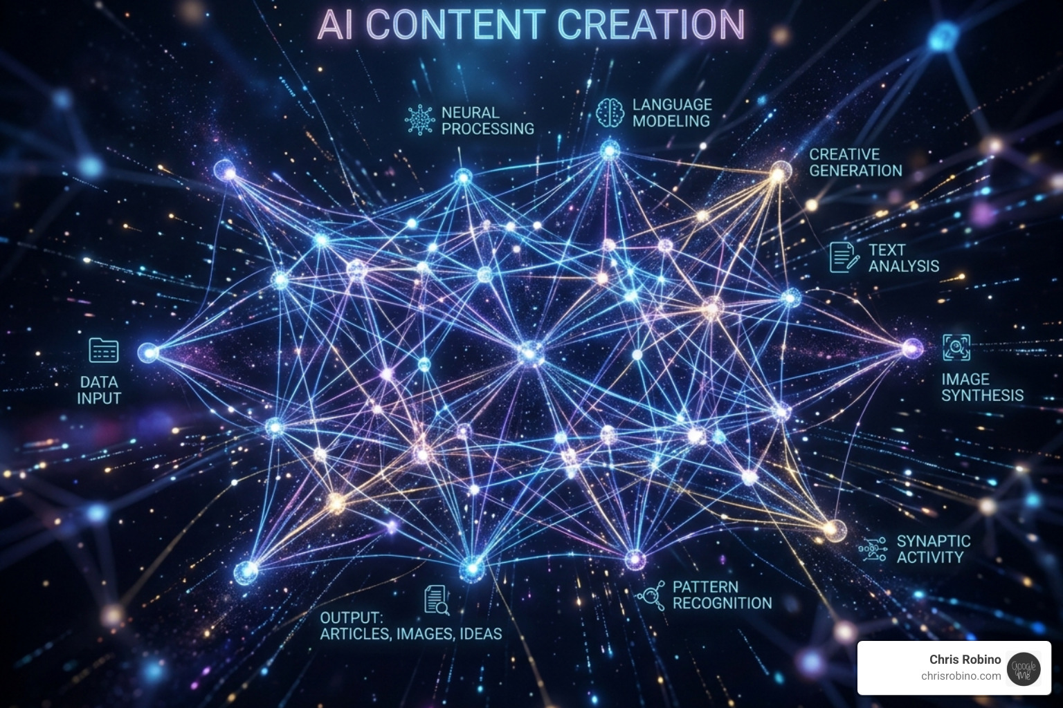 Neural network visualization showing data processing for content creation - Automated content generation