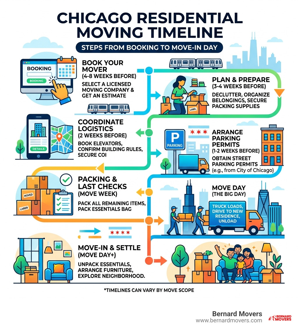 Chicago residential moving timeline infographic showing steps from booking to move-in day - residential moving services