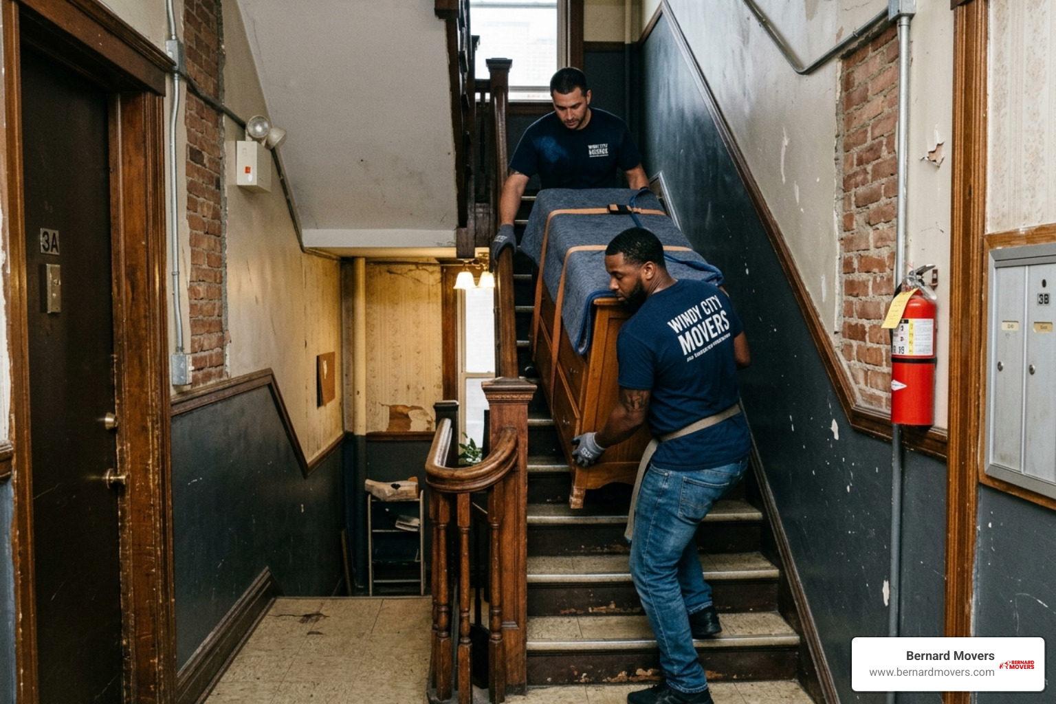 Movers navigating a narrow apartment hallway in a Chicago walk-up - residential moving services Chicago