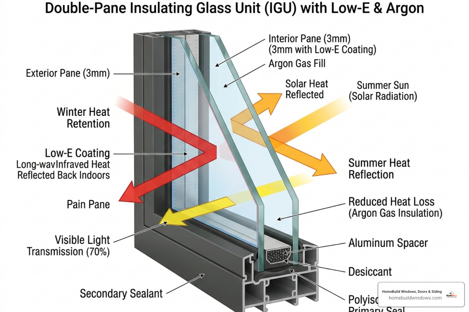 Graphic explaining Low-E glass coating and argon gas fill technology - replacement windows Elk Grove