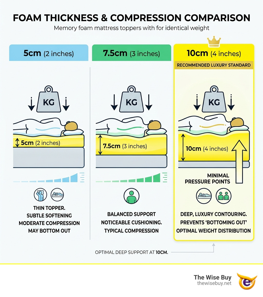 Comparison of foam thickness levels showing compression under weight - 10cm mattress topper memory foam infographic 