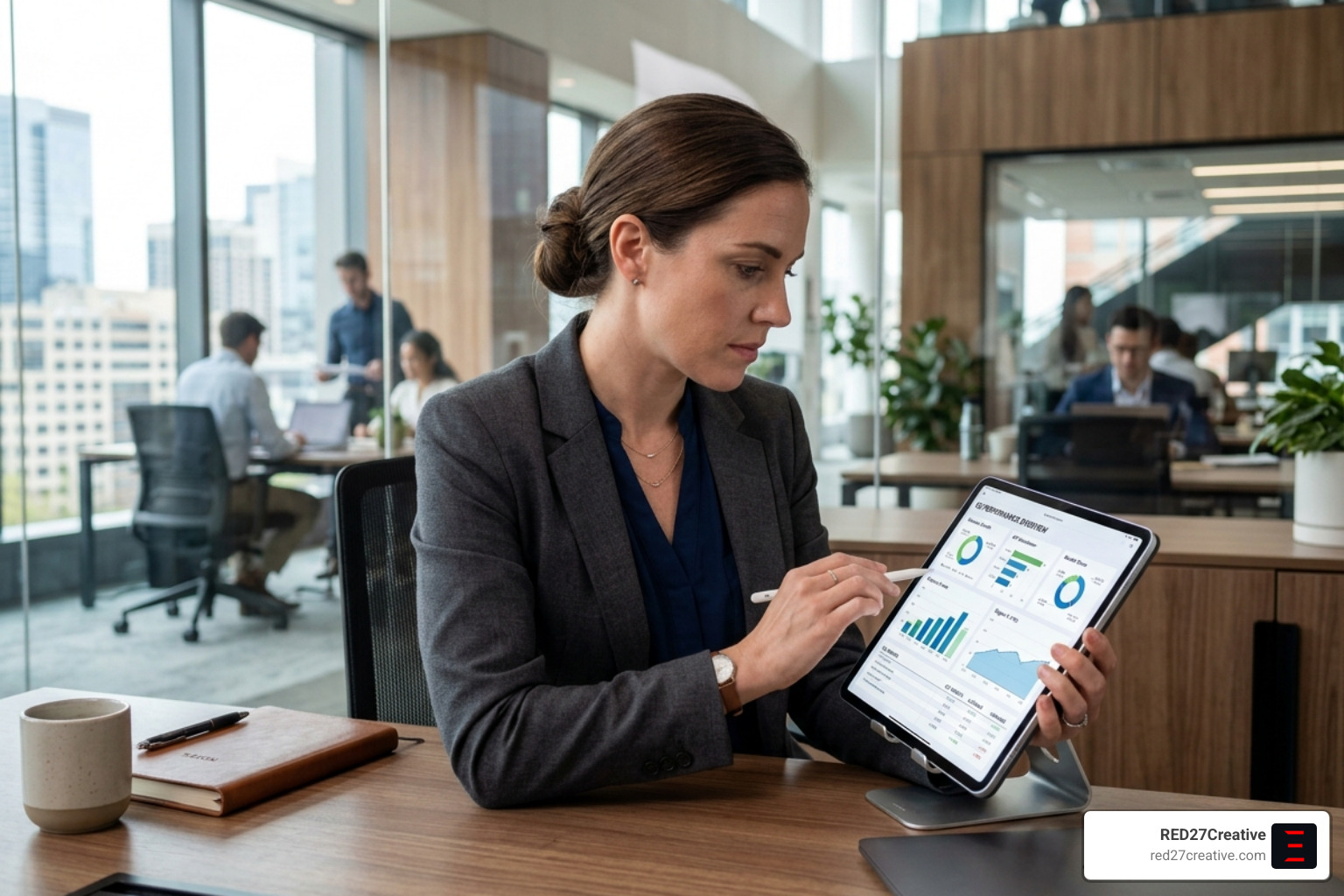 business executive analyzing performance metrics on a tablet - analytics strategy consulting business executive analyzing performance metrics on a tablet - analytics strategy consulting