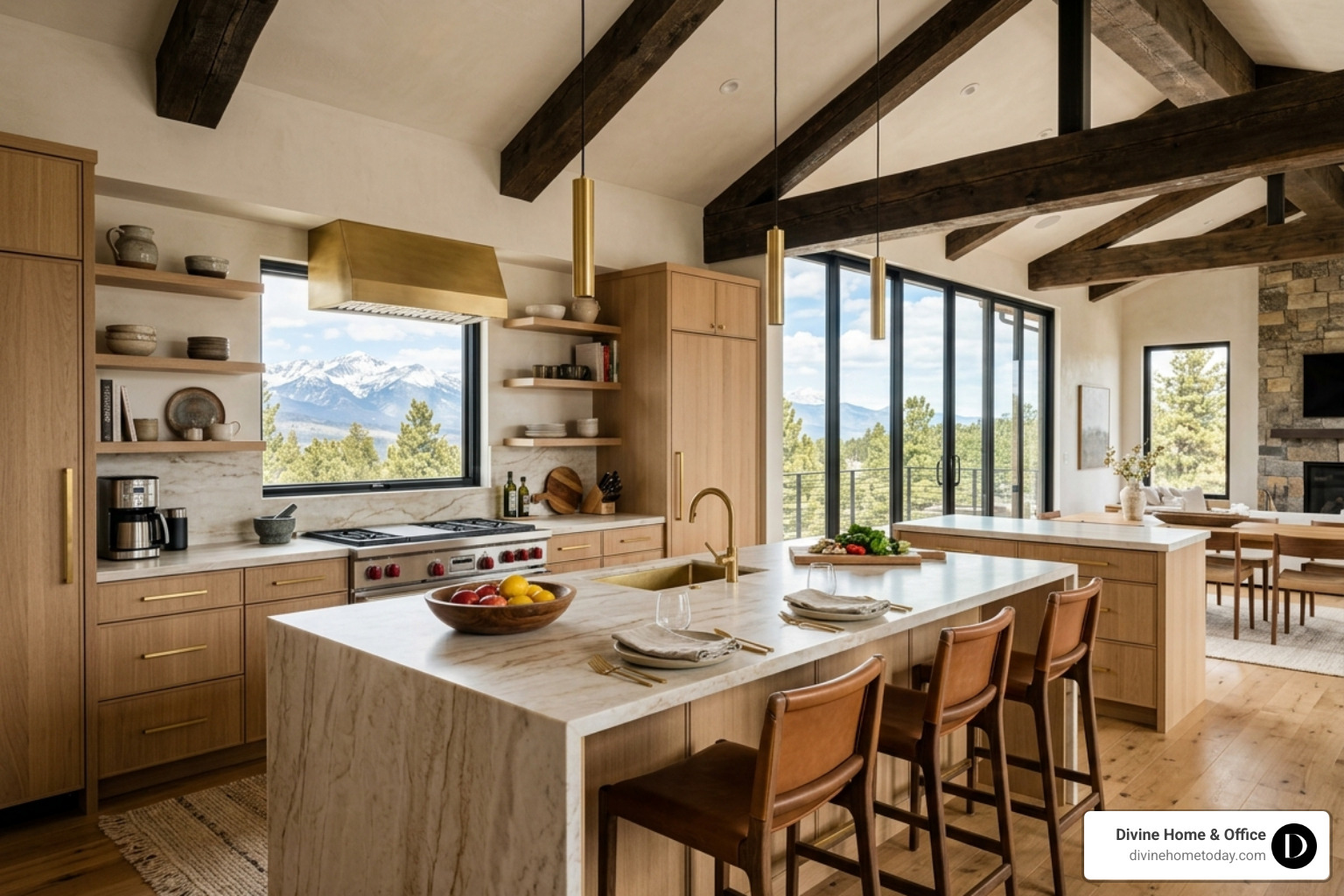 High-end modern mountain kitchen in a million-dollar Denver home with stone countertops and natural wood - high end interior High-end modern mountain kitchen in a million-dollar Denver home with stone countertops and natural wood - high end interior