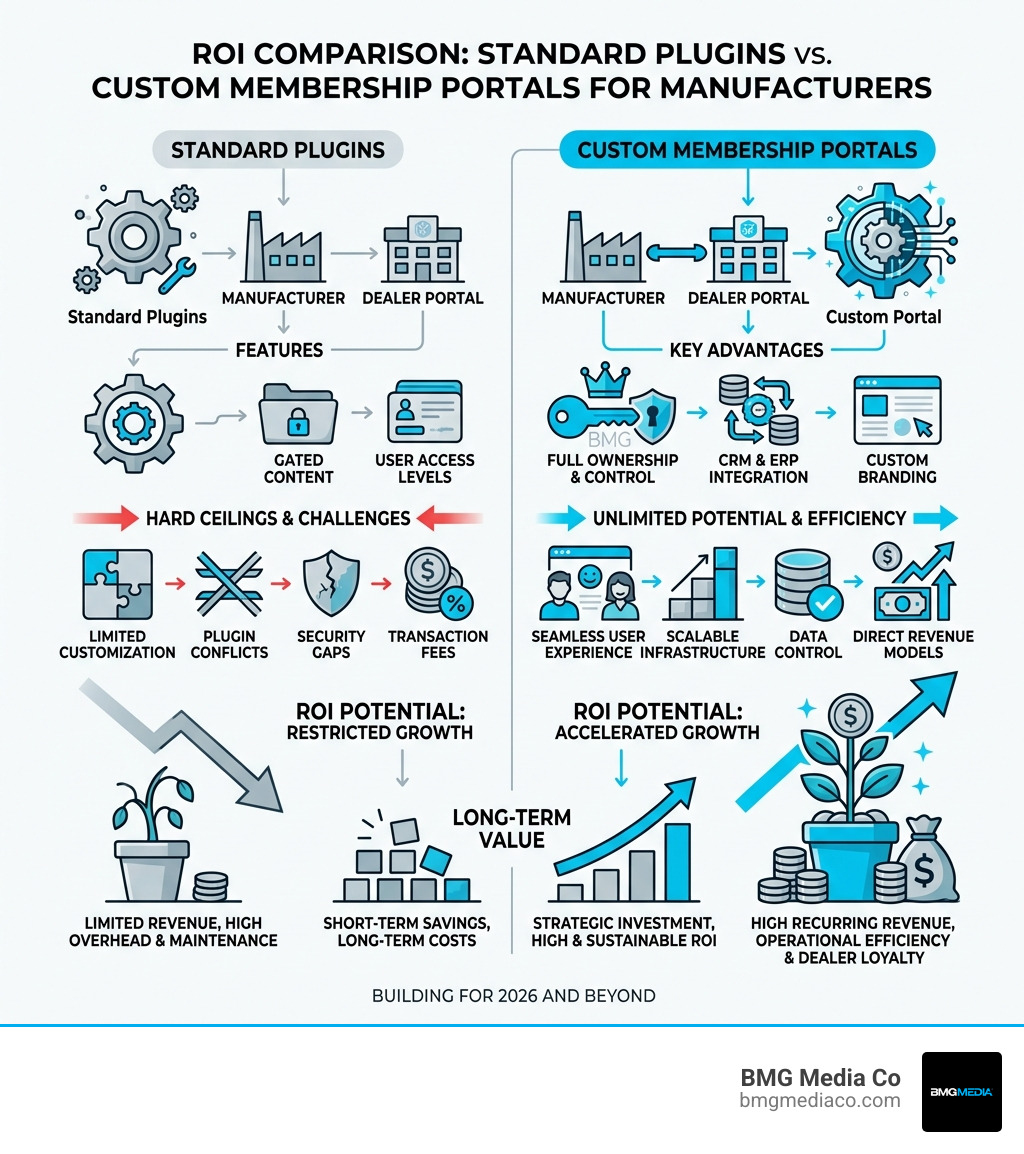Infographic showing ROI of custom membership portals vs standard plugins for manufacturers - custom membership sites
