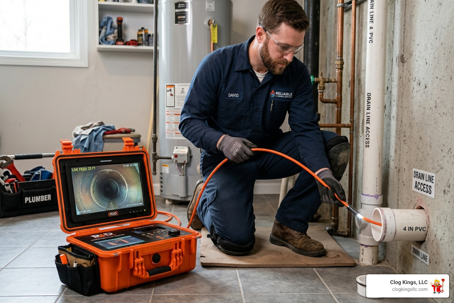 plumber using a high-definition sewer camera to inspect a residential drain line - drain cleaning