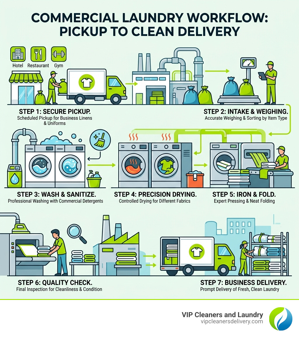 Commercial laundry workflow infographic from pickup to clean delivery for businesses - laundry service for businesses
