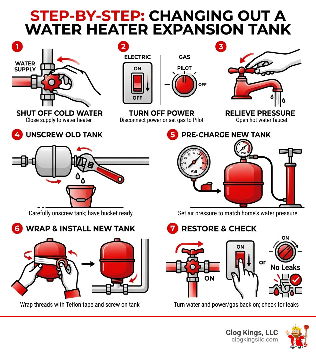 Step-by-step infographic for changing out a water heater expansion tank - changing out an expansion tank infographic 