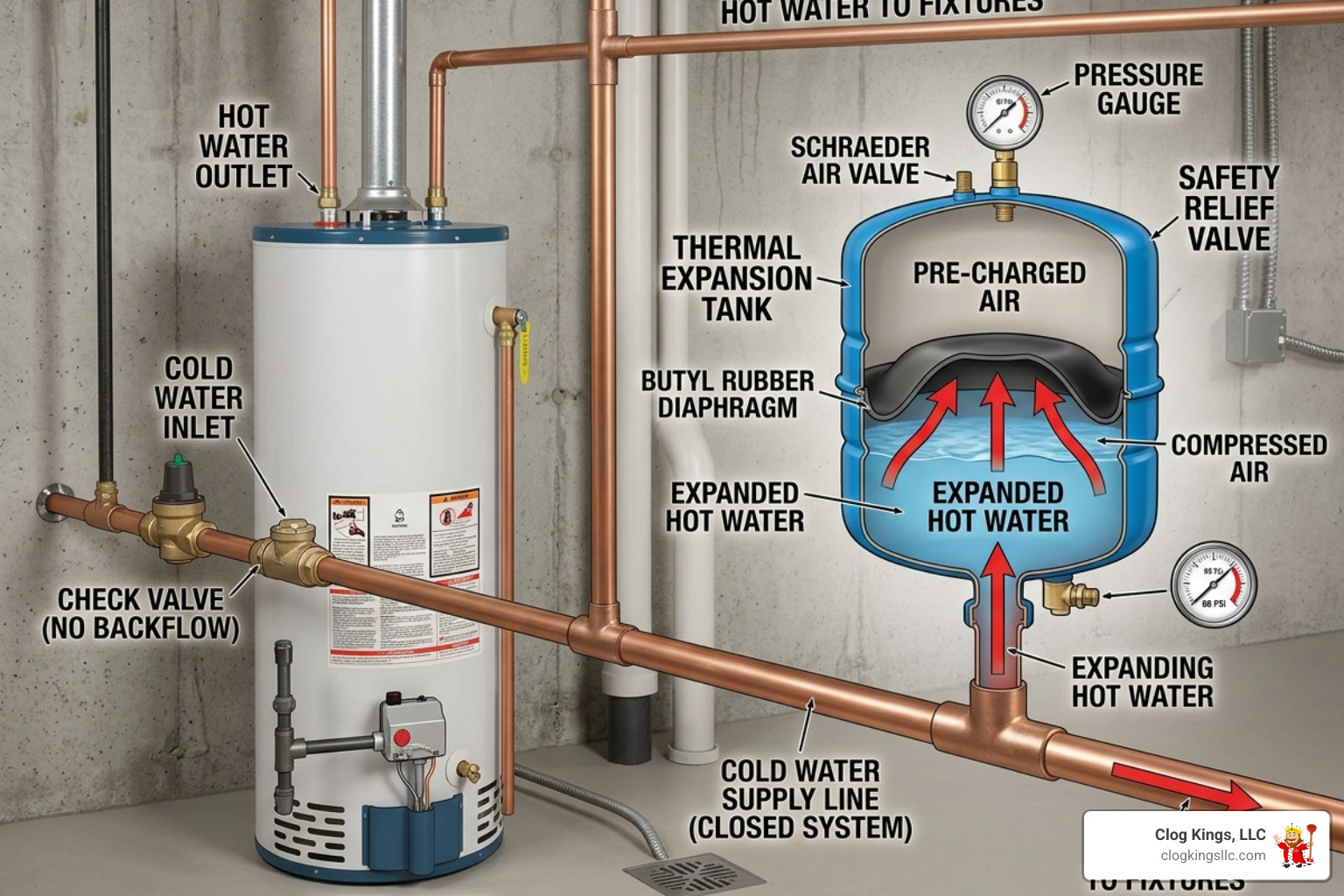diagram showing how a thermal expansion tank absorbs pressure in a closed-loop system - changing out an expansion tank