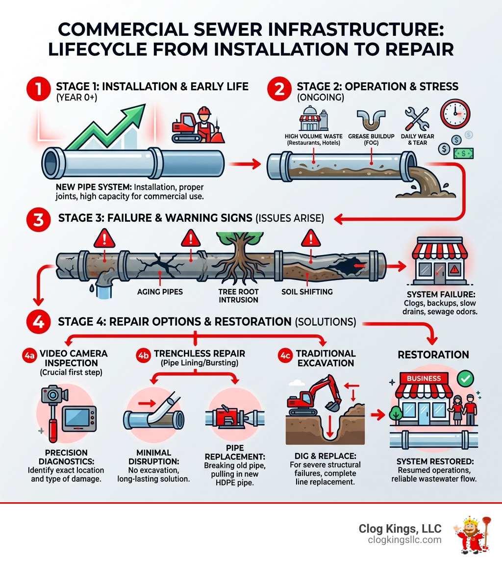 Lifecycle of commercial sewer infrastructure from installation to failure and repair options - commercial sewer repair