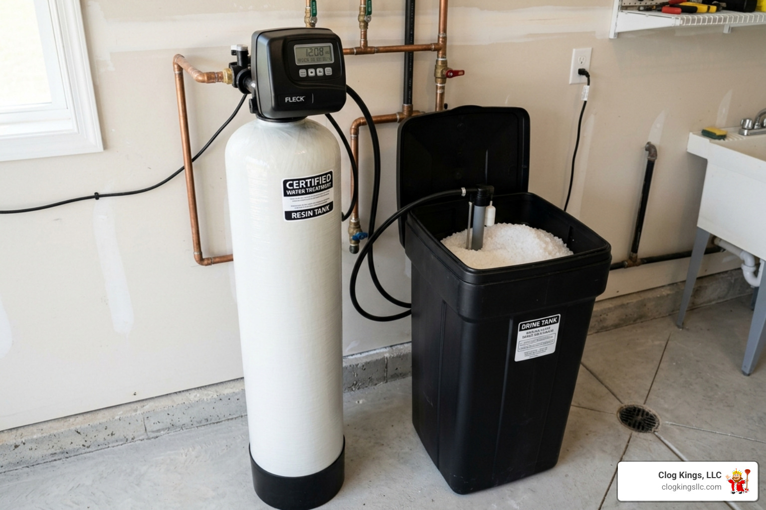 Close up of a water softener resin tank and brine tank assembly - 48000 grain water softener Close up of a water softener resin tank and brine tank assembly - 48000 grain water softener