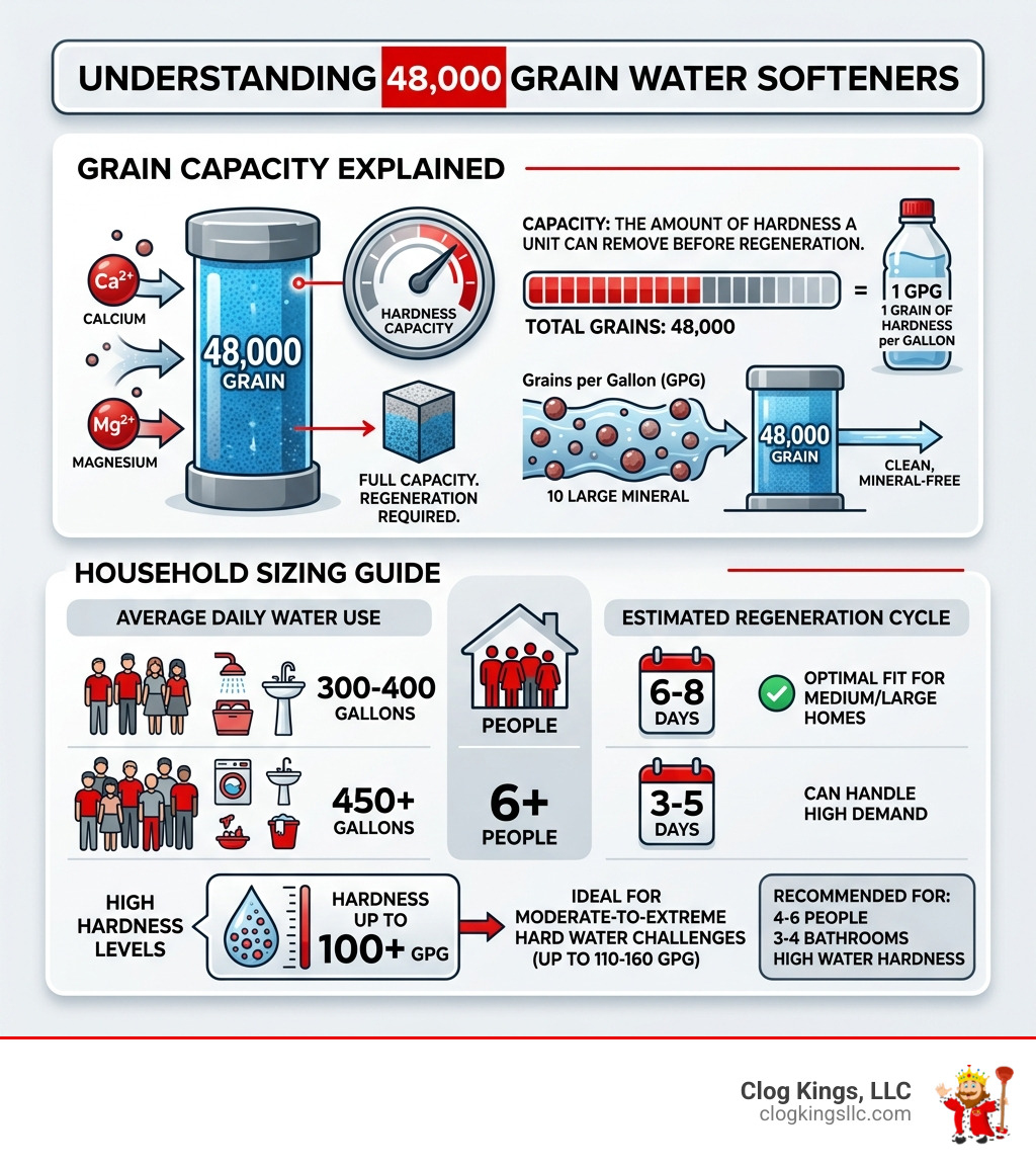 Infographic showing grain capacity chart and household sizing guide for 48000 grain water softeners - 48000 grain water Infographic showing grain capacity chart and household sizing guide for 48000 grain water softeners - 48000 grain water