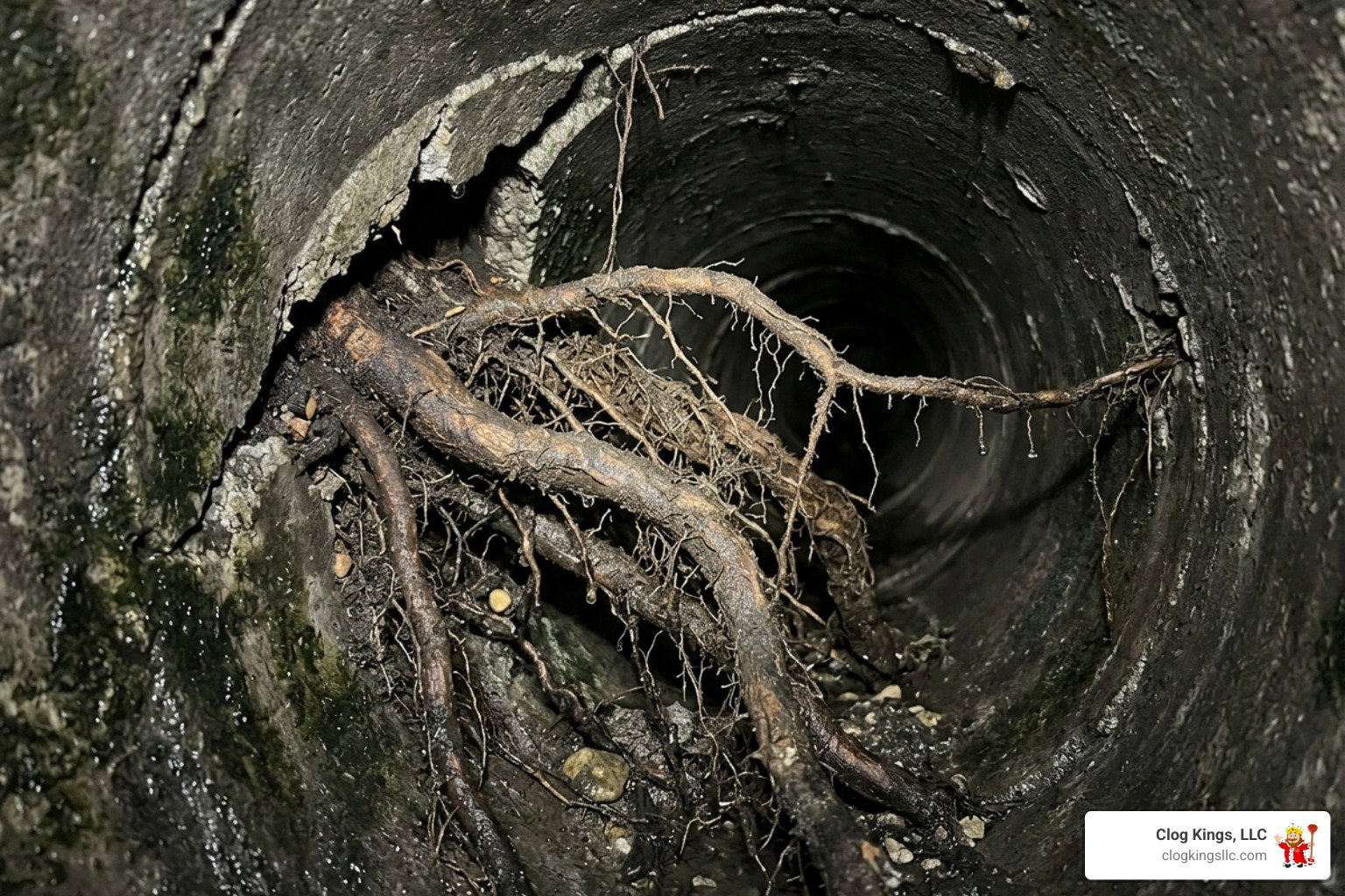 Tree root intrusion inside a commercial sewer pipe - commercial sewer repair