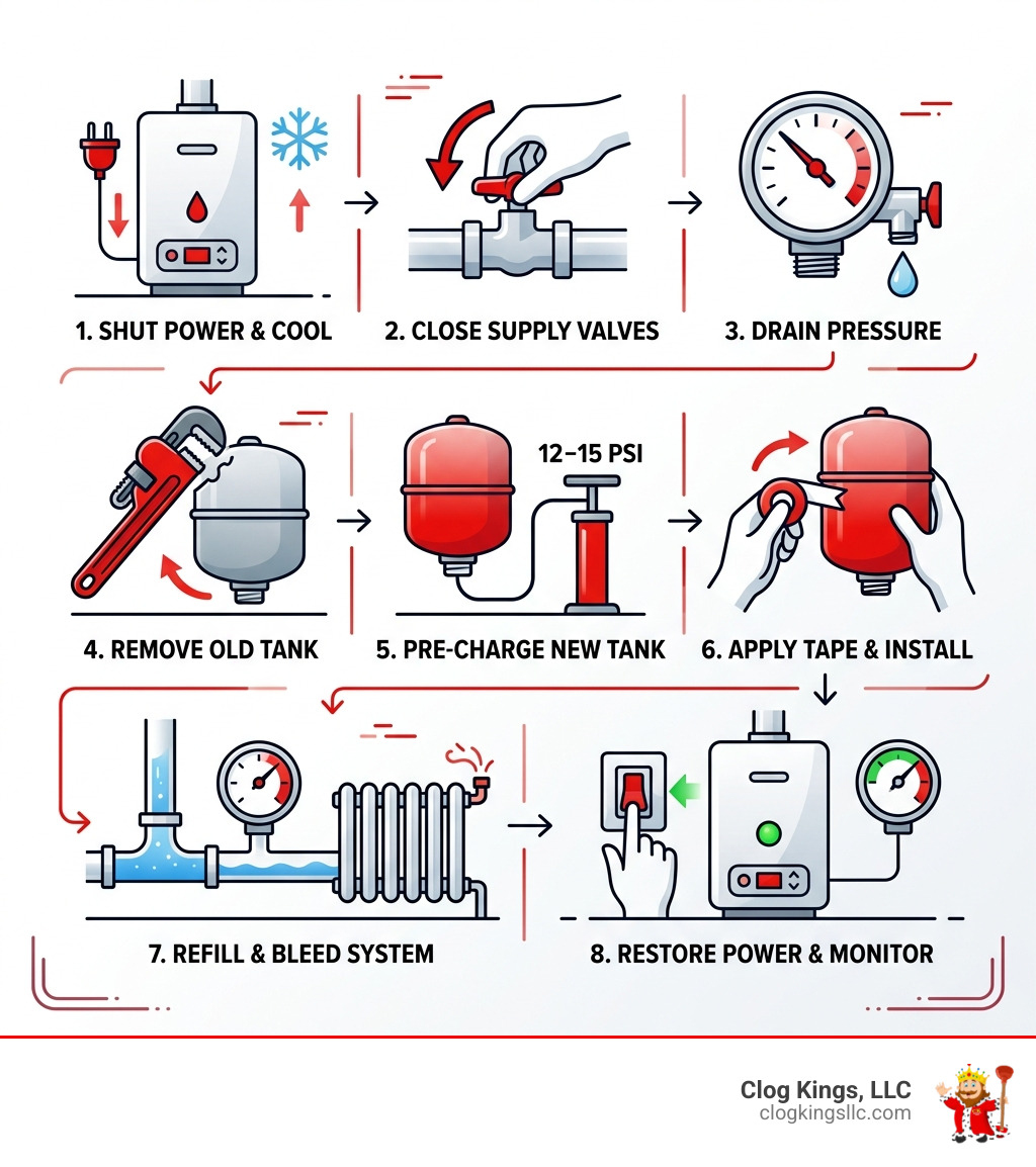 Step-by-step infographic showing how to change an expansion tank on a boiler system - change expansion tank on boiler