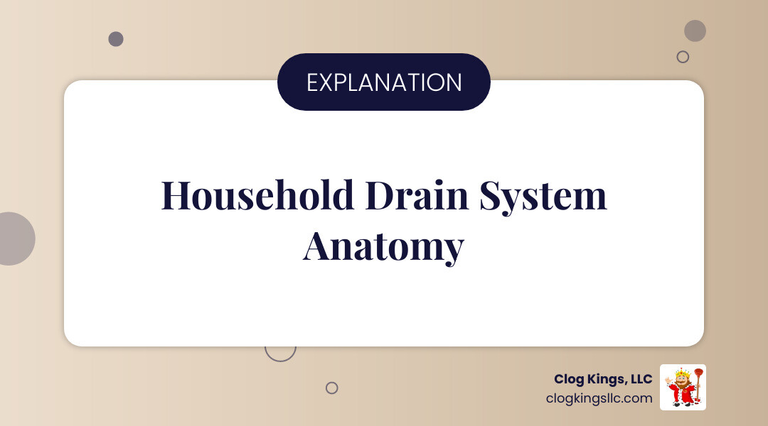 anatomy of a household drain system with pipe layers, P-trap, main sewer line, and vent stack - drain cleaning infographic