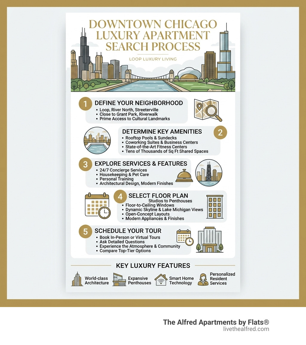Infographic showing key steps and features of the downtown Chicago luxury apartment search process - downtown Chicago luxury