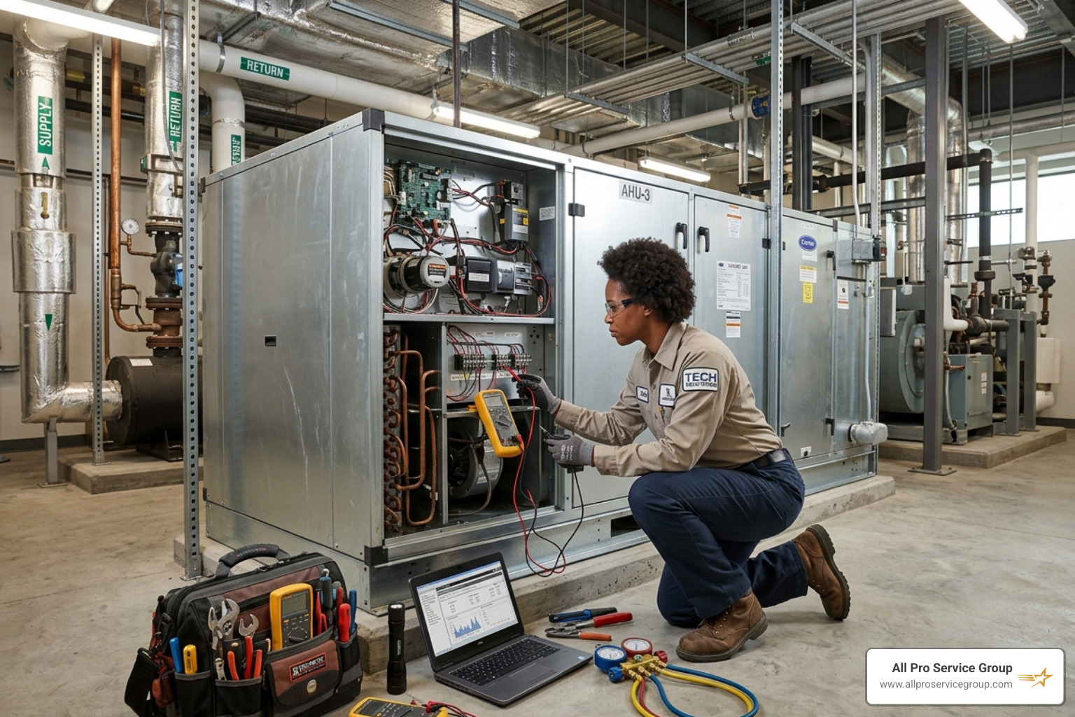 Technician performing a detailed system diagnostic on a commercial air handler - commercial hvac installation companies