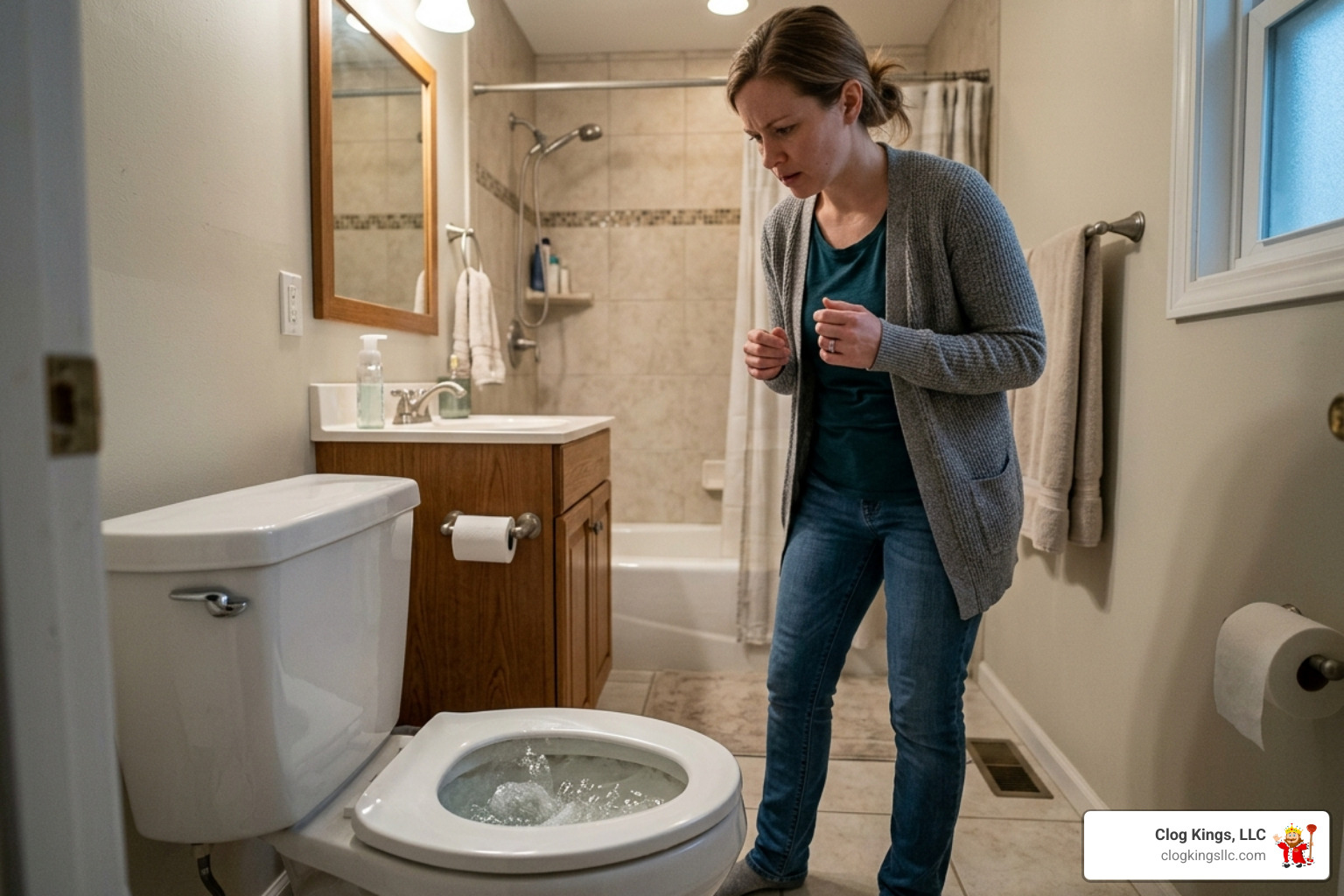 A homeowner looking concerned at a gurgling toilet - clogged sewer line repair