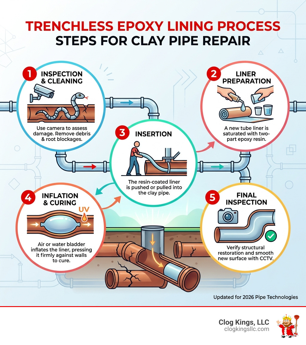 Infographic showing trenchless epoxy lining process steps for clay pipe repair - clay pipe repair epoxy infographic 