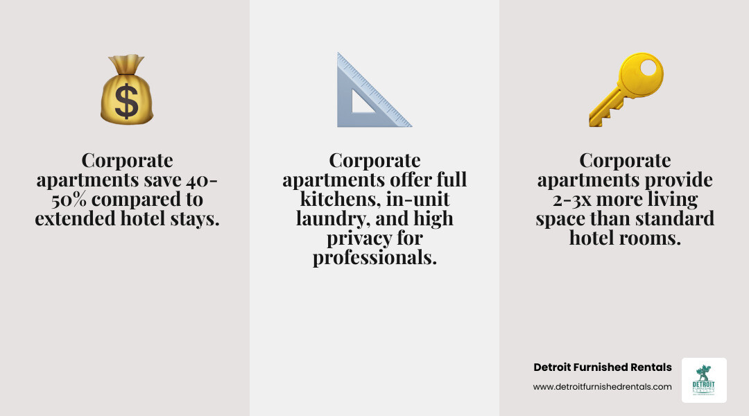 infographic showing corporate housing value vs hotels: cost savings, space, amenities, and flexibility - corporate