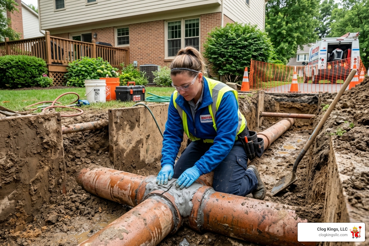 Technician applying epoxy to a pipe joint - clay pipe repair epoxy