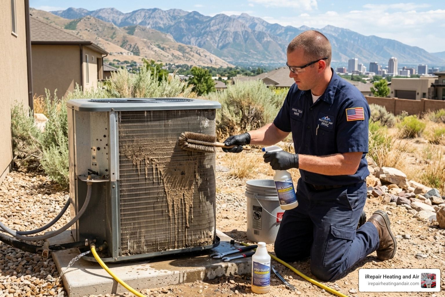 HVAC technician cleaning a condenser coil to improve efficiency - ac tune up salt lake city