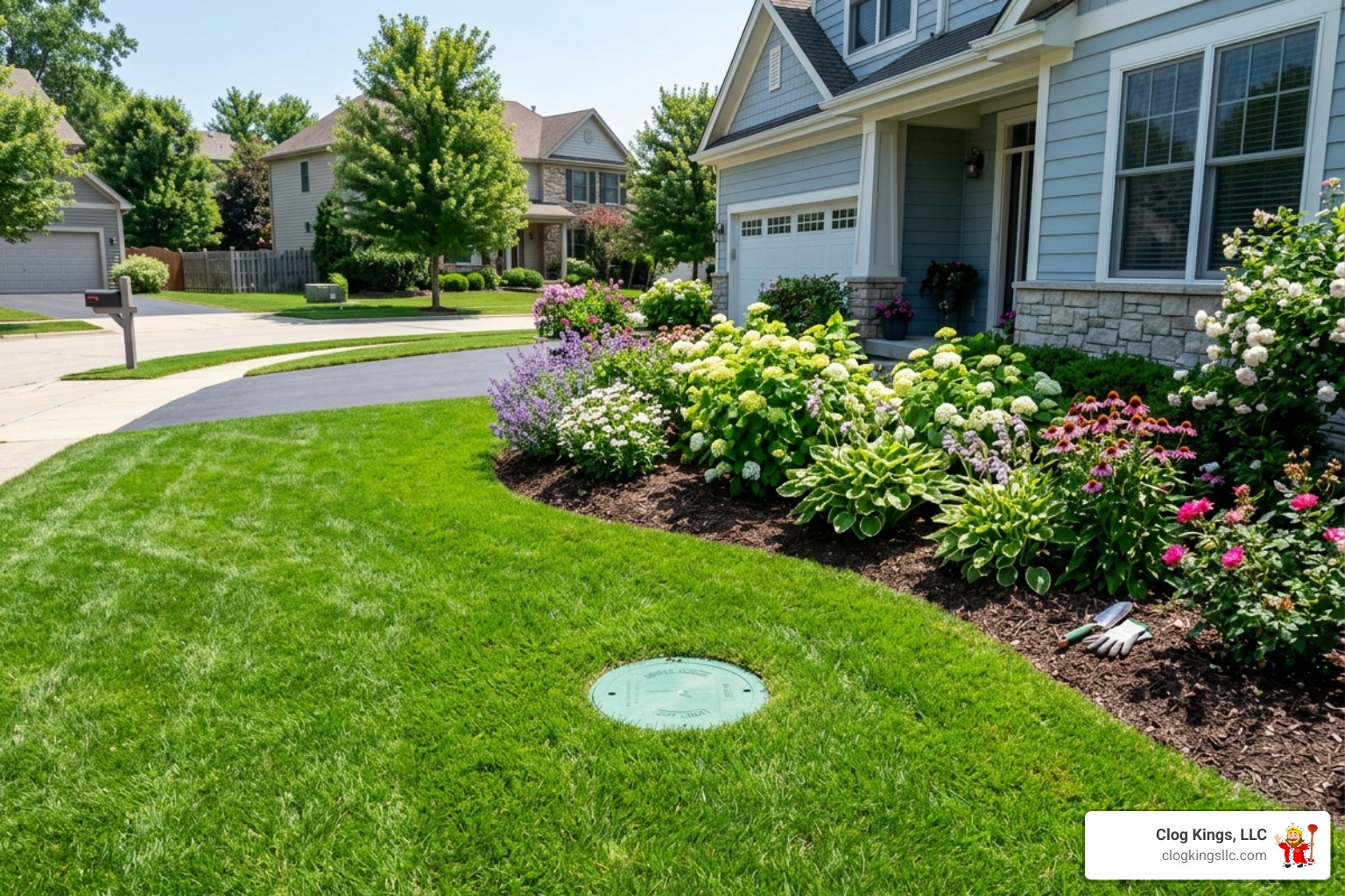 A finished trenchless project showing a perfectly intact landscaped yard with only a small access point visible - cast iron