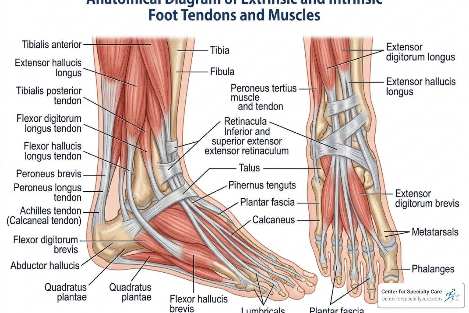 Diagram showing extrinsic vs intrinsic foot muscles and tendons - foot tendons