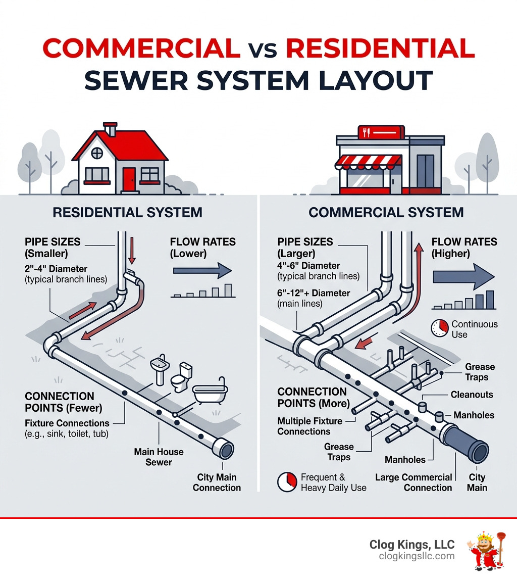 commercial vs residential sewer system layout infographic showing pipe sizes flow rates and connection points - commercial