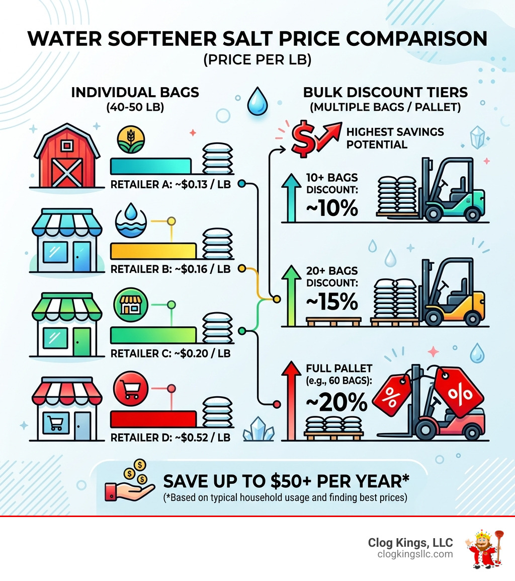 infographic comparing water softener salt prices per pound across major retailers with bulk discount tiers - cheapest place