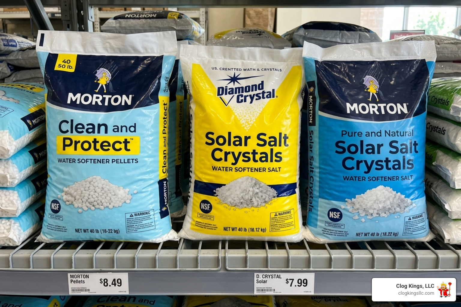 Bags of evaporated salt pellets and solar crystals side by side - best water softener salt