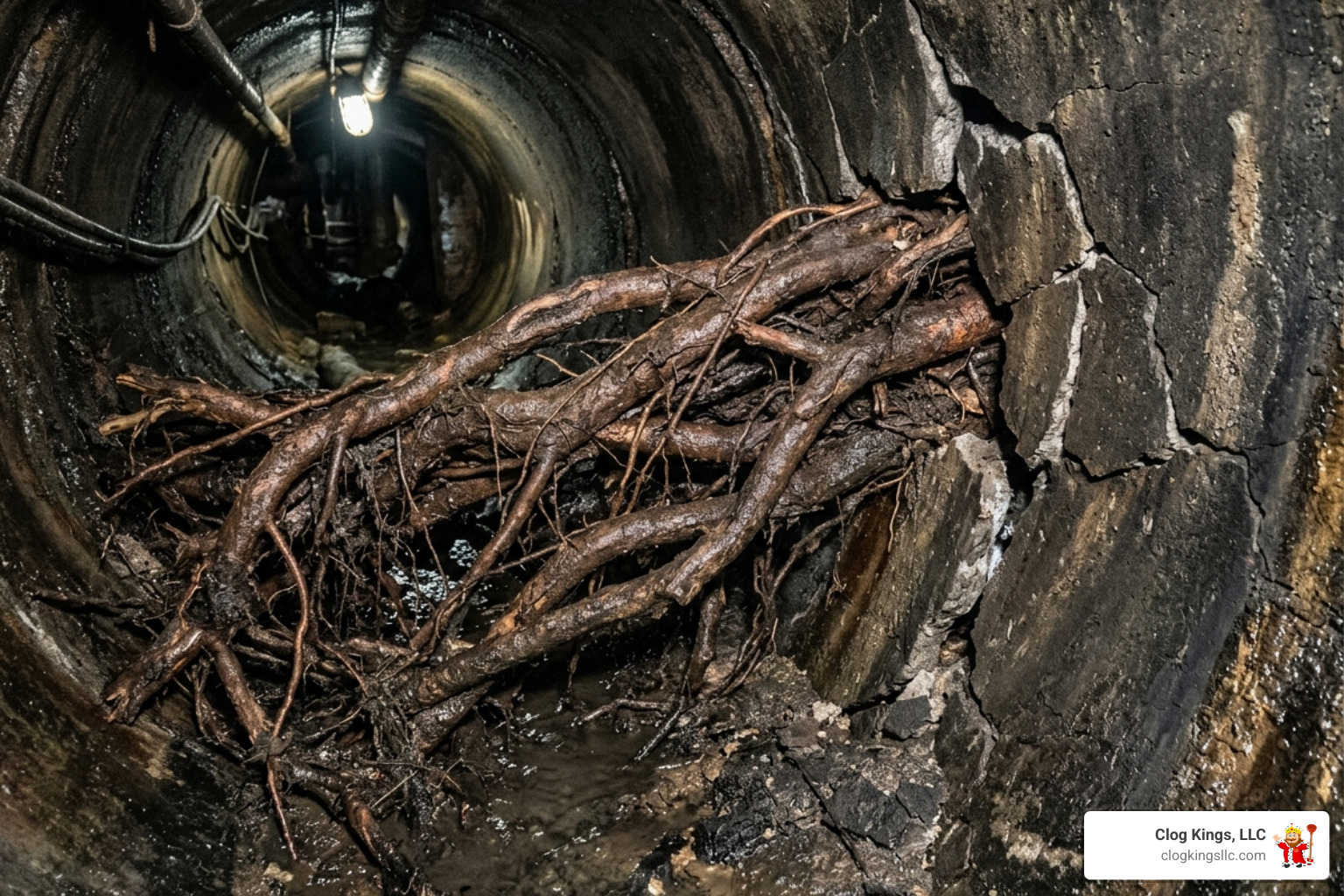 tree root intrusion in a commercial sewer pipe - commercial sewer line repair