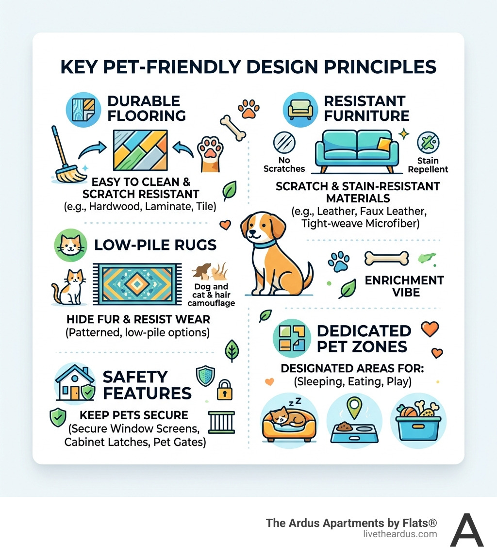 Infographic showing key pet-friendly design principles: flooring, furniture, rugs, safety, and pet zones - Pet friendly