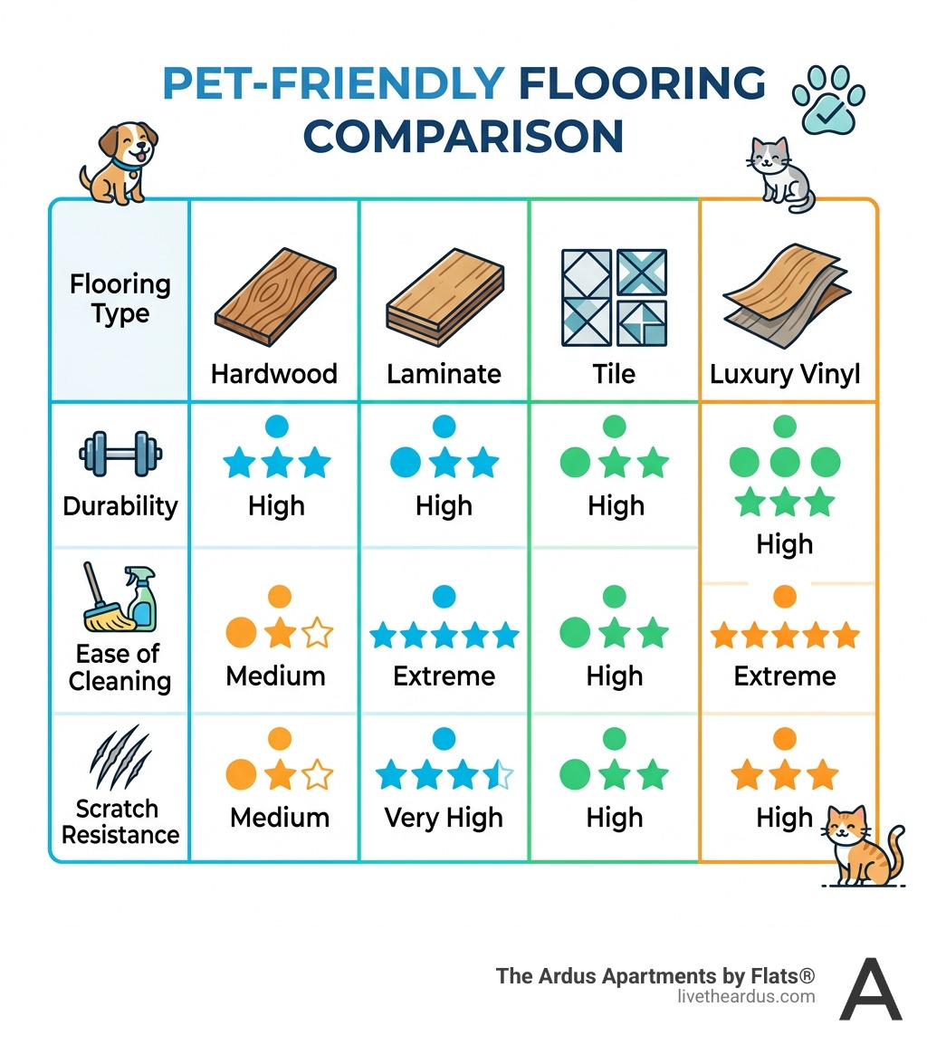 Table comparing pet-friendly flooring materials: Hardwood, Laminate, Tile, and Luxury Vinyl - Pet friendly living spaces