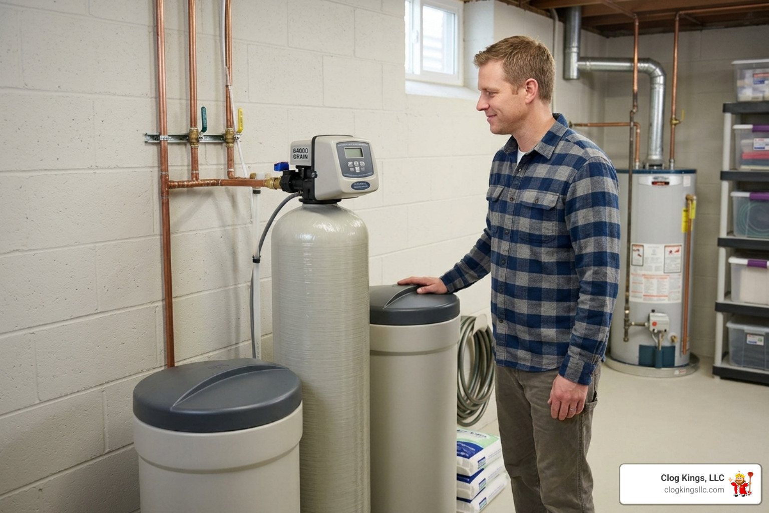 Dual-tank water softener installation in a utility room showing resin tank and brine tank - 64000 grain water softener