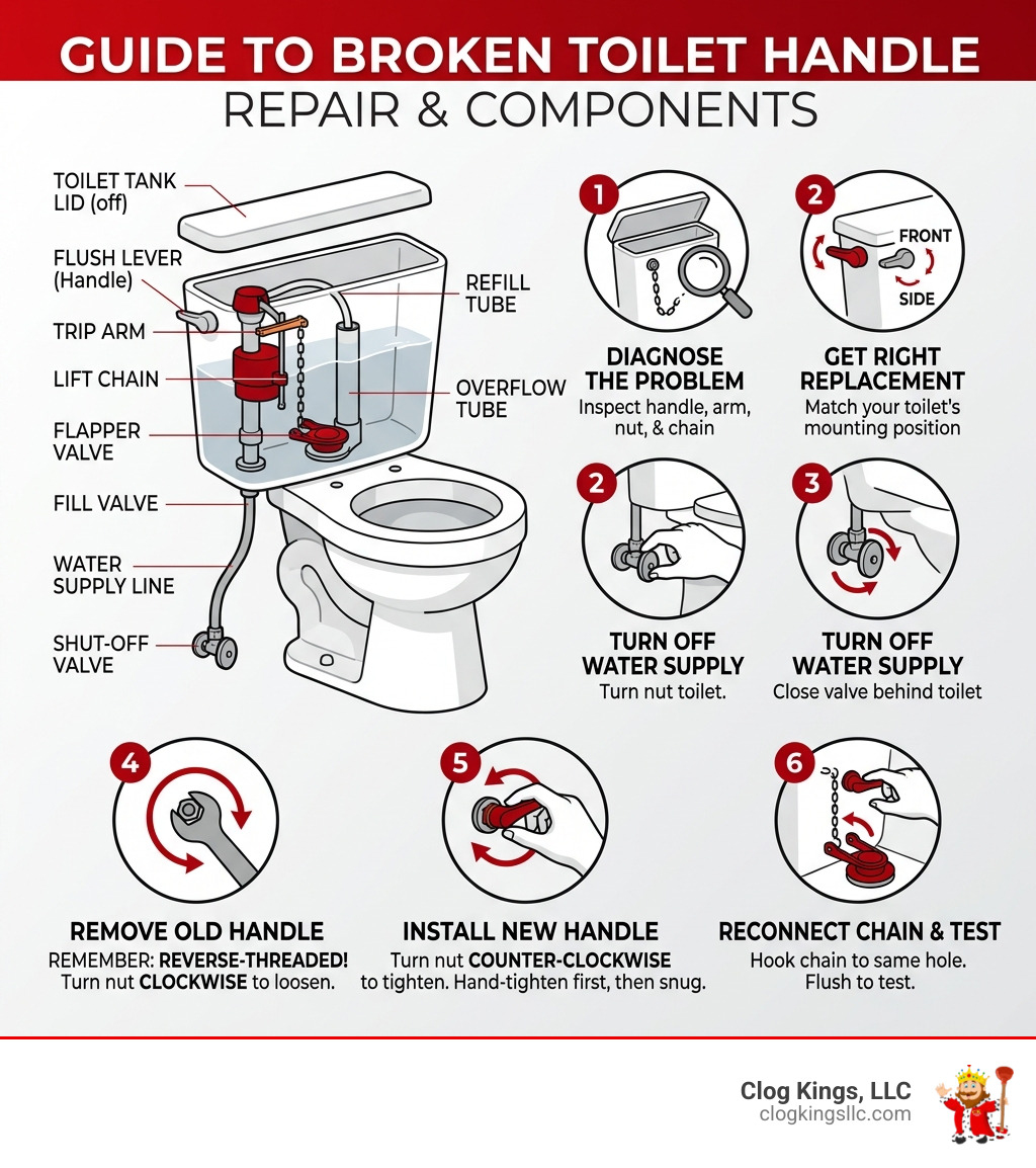 Steps for broken toilet handle repair with labeled toilet tank components - broken toilet handle repair infographic 