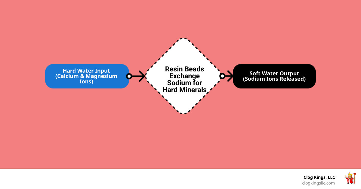Infographic showing ion exchange process, hard water minerals calcium and magnesium, and how a 64000 grain water softener