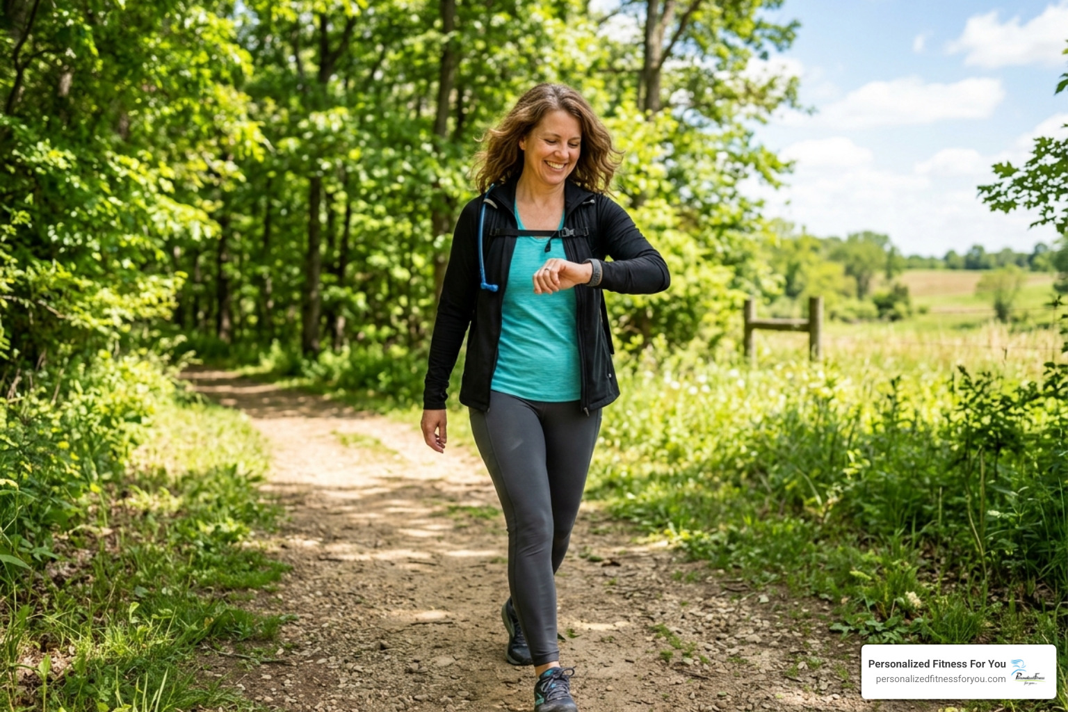 A woman checking her fitness tracker while walking on a sunny trail in Kosciusko County - daily step count for health A woman checking her fitness tracker while walking on a sunny trail in Kosciusko County - daily step count for health