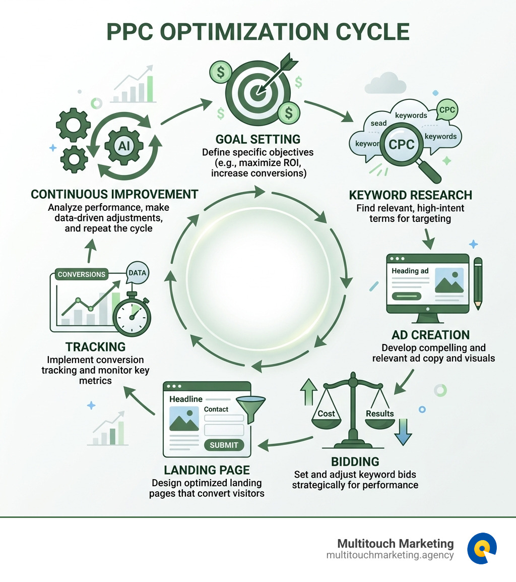 PPC optimization cycle infographic showing steps: goal setting, keyword research, ad creation, bidding, landing page PPC optimization cycle infographic showing steps: goal setting, keyword research, ad creation, bidding, landing page