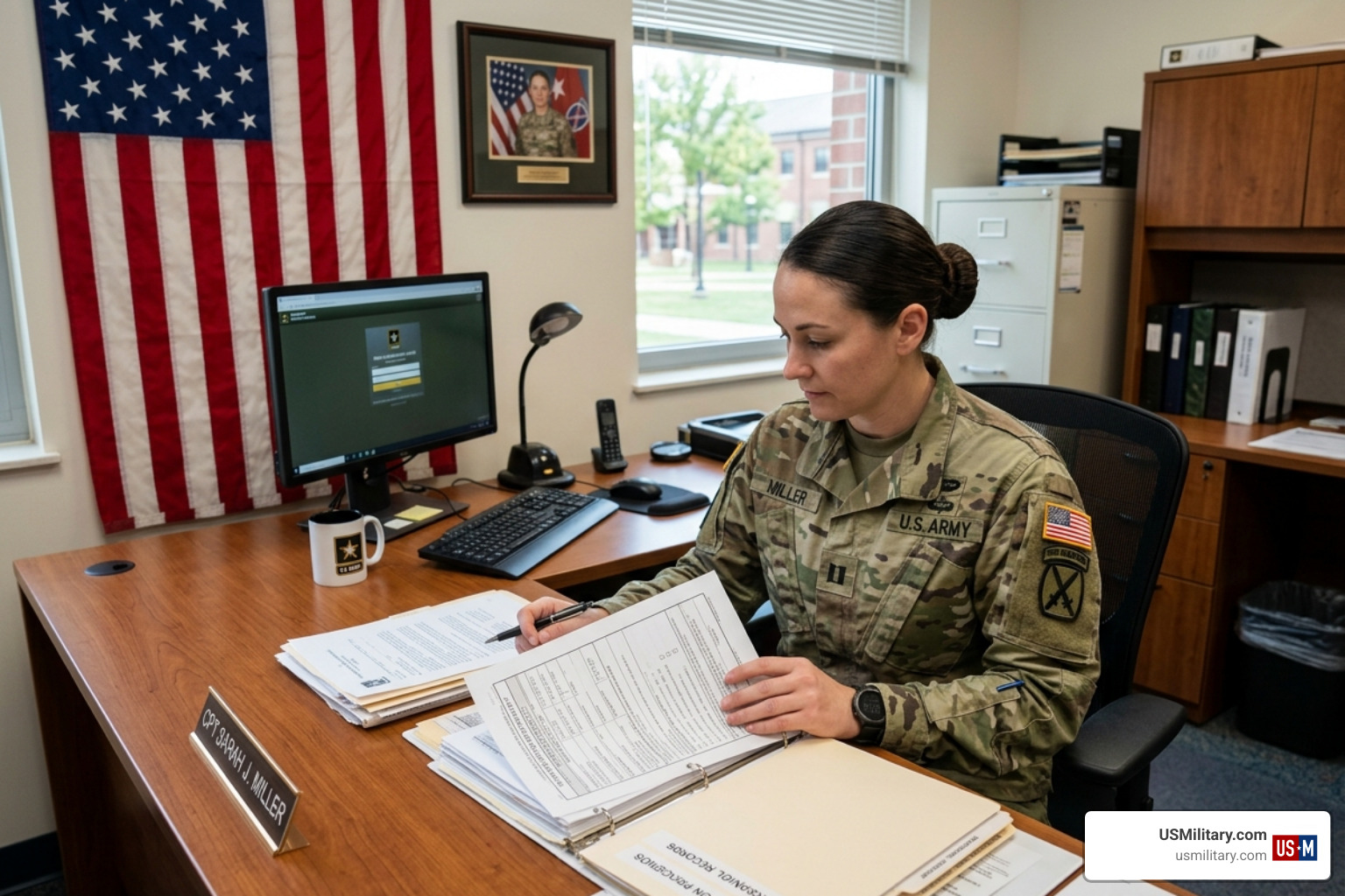 U.S. service member reviewing discharge papers and military records - VA benefits United States U.S. service member reviewing discharge papers and military records - VA benefits United States