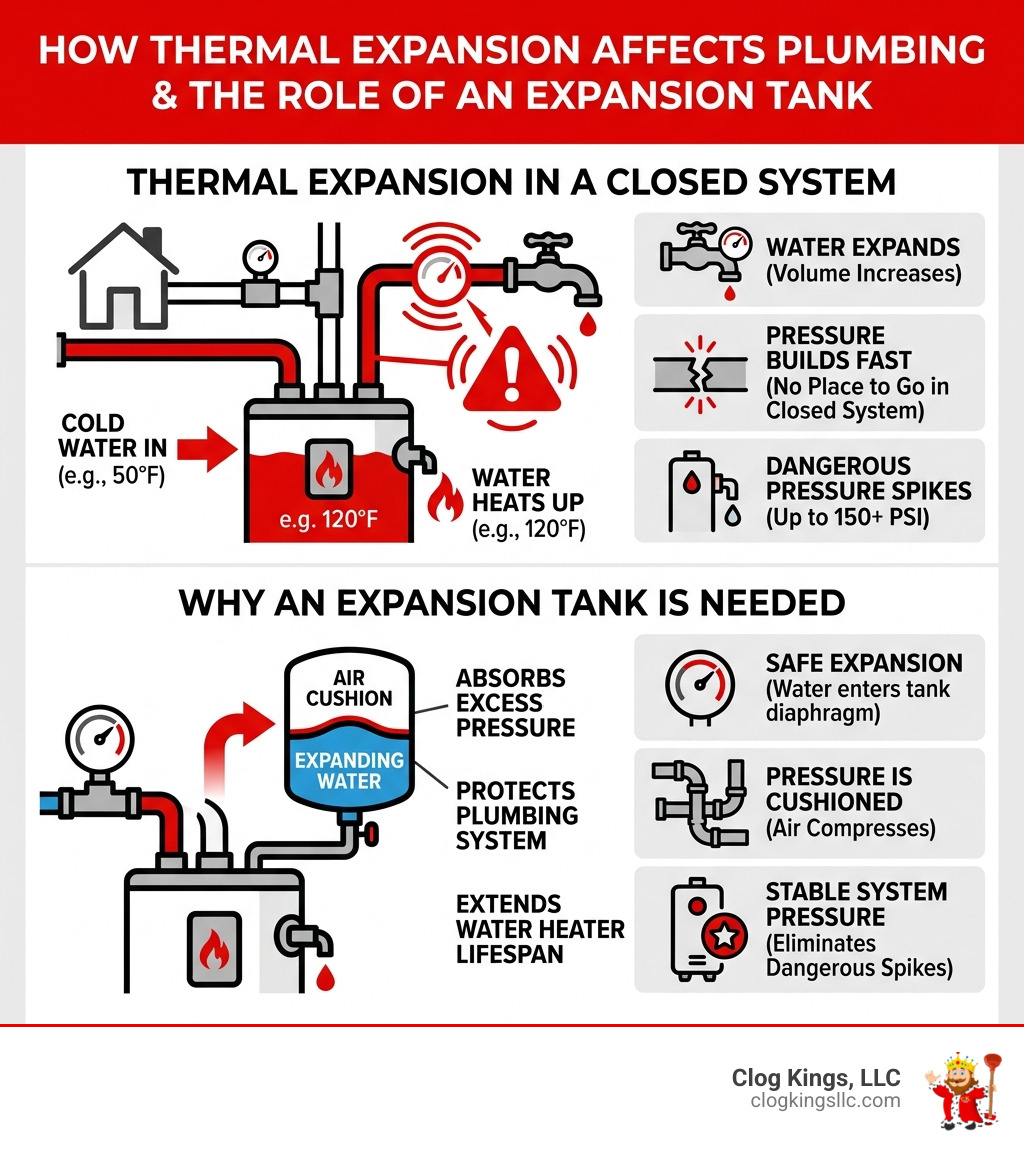 Infographic showing how thermal expansion affects home plumbing and why an expansion tank is needed - adding an expansion