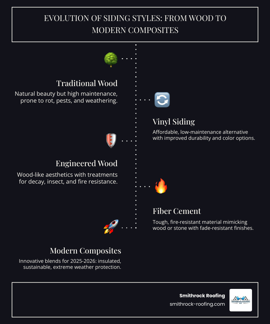 Infographic showing evolution of siding styles from wood to modern composites with trending styles for 2025-2026 - new