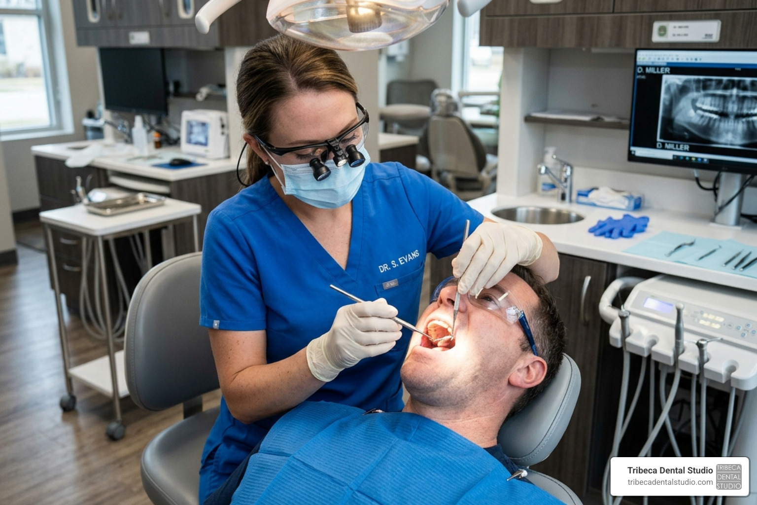 dentist examining worn tooth enamel - clenching teeth meaning