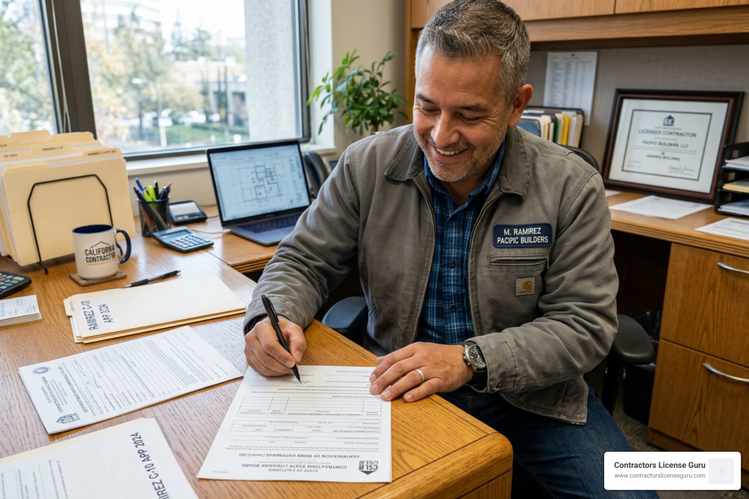 Contractor signing official CSLB experience certification paperwork - General B license application