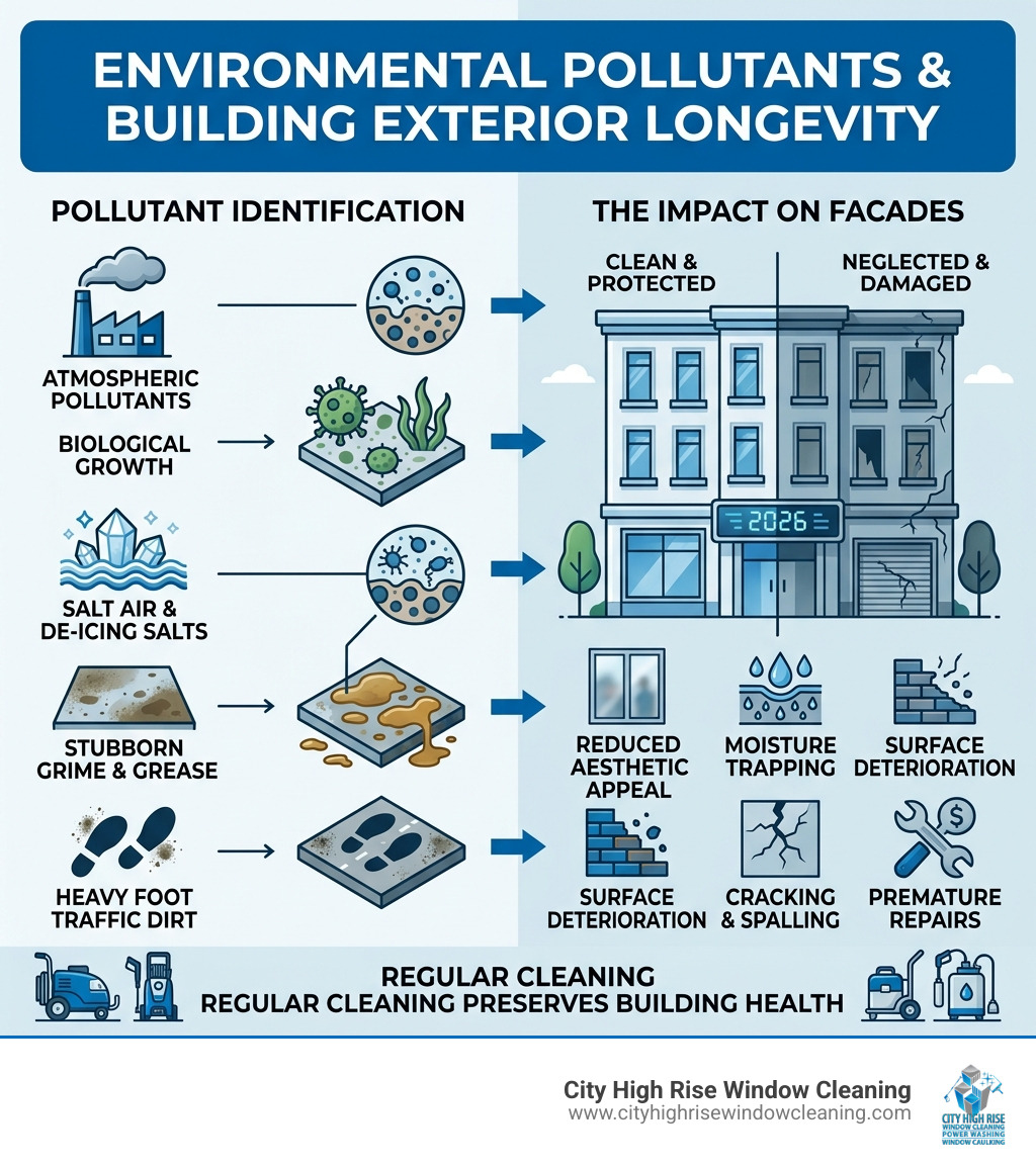 Infographic showing environmental pollutants and their impact on building exterior longevity - outside building cleaning Infographic showing environmental pollutants and their impact on building exterior longevity - outside building cleaning